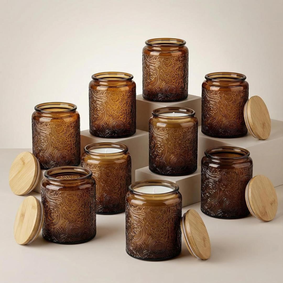 9-Pack 8oz Embossed Glass Candle Container with Bamboo Lids and Labels, Amber Candle Jars for Making Candles, Sun Moon Star Design
