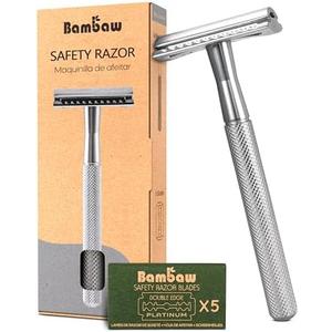 Bambaw Double Edge Safety Razor for Men & Women, Metal Razor with 5 Double Edge Safety Razor Blades, Eco-Friendly Razor – Silver