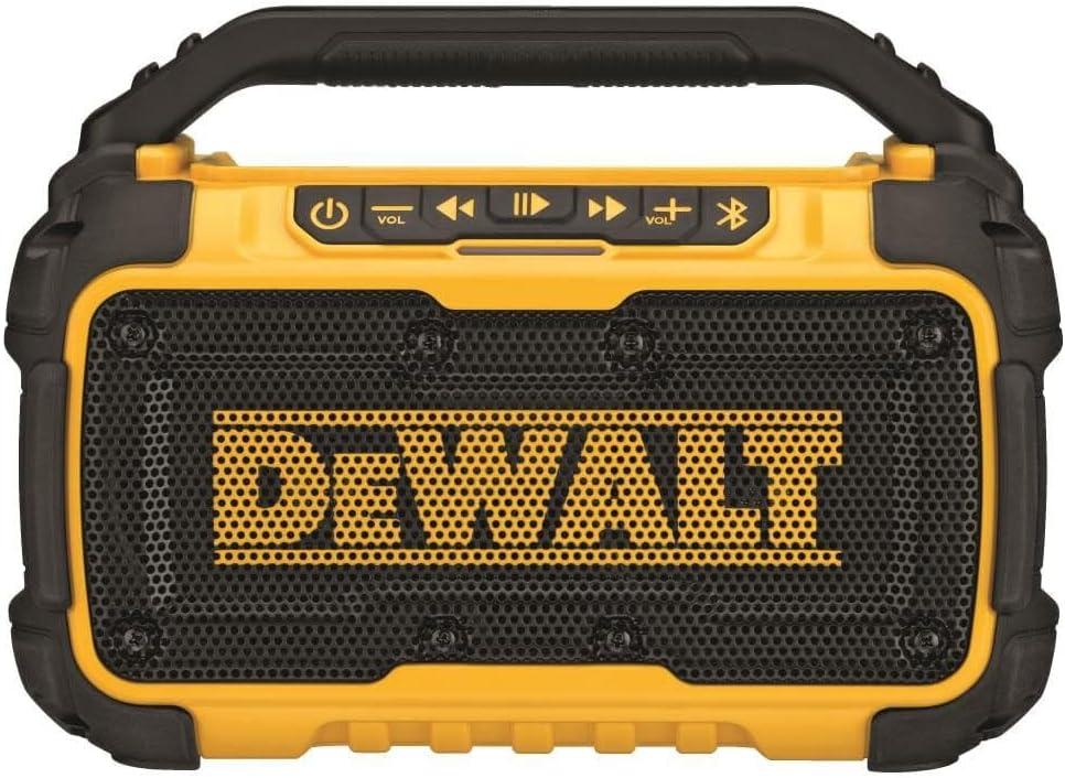 DEWALT 20V MAX Bluetooth Speaker, 100 ft Range, Durable for Jobsites, Phone Holder Included, Lasts 8-10 Hours with Single Charge (DCR010)