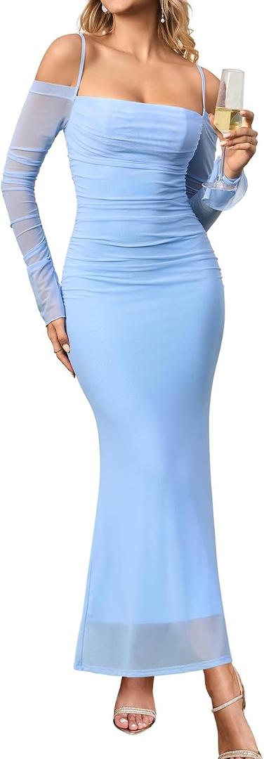 EYNMIN Women's Fall Wedding Guest Dresses Long Sleeve Spaghetti Strap Mesh Ruched Bodycon Maxi Formal Dress (Blue, L)