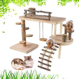 VolksRose Wooden Hamster Playground Platform, Hamster Climbing Toy, Natural Living Climb System, Small Animals Activity Set with Ladder Food Bowl Ramp Bridge for Mouse Gerbil Rat Chinchilla