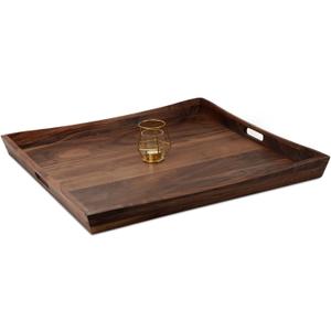26 x 26 Inches Large Square Curved Black Walnut Wood Ottoman Tray with Handles, Serve Tea, Coffee Classic Wooden Decorative Serving Tray