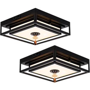2 Pack LED Motion Sensor Outdoor Ceiling Light, Industrial Flush Mount Ceiling Light, Black Dusk to Dawn Exterior Light, Waterproof Light Fixtures Ceiling Mount for Porch, Garage, Entryway,Farmhouse
