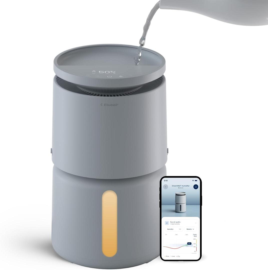 BLUEAIR Room Humidifier - DreamWell - 72Hr Top-Fill Mist-Free InvisibleMist Technology Aroma Stone for Essential Oils and Soothing Mood Lighting - Quiet Operation for Bedroom and Home Use, Grey