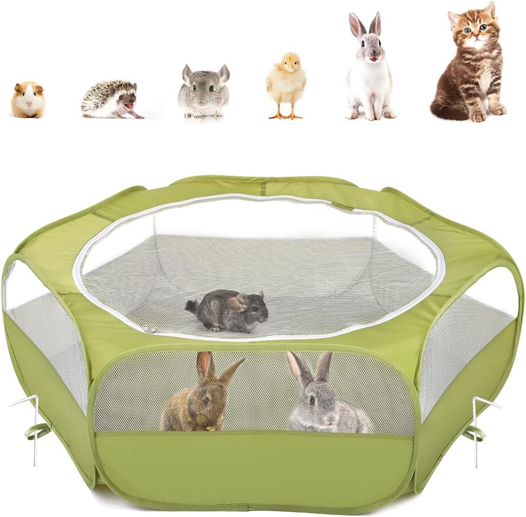 Pawaboo Small Animals Playpen, Waterproof Small Pet Cage Tent with Zippered Cover, Portable Outdoor Yard Fence with 3 Metal Rod for Chick/Kitten/Puppy/Guinea Pig/Rabbits/Hamster/Chinchillas, Green