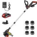 EWORK 20V Cordless String Trimmer 12-Inch Trimmer and Edger with Auto Line Feed, Electric Weed Wacker with 2.0Ah Battery and Charger & 6 Replacement Spools for Lawn, Garden, Yard, etc (Black)
