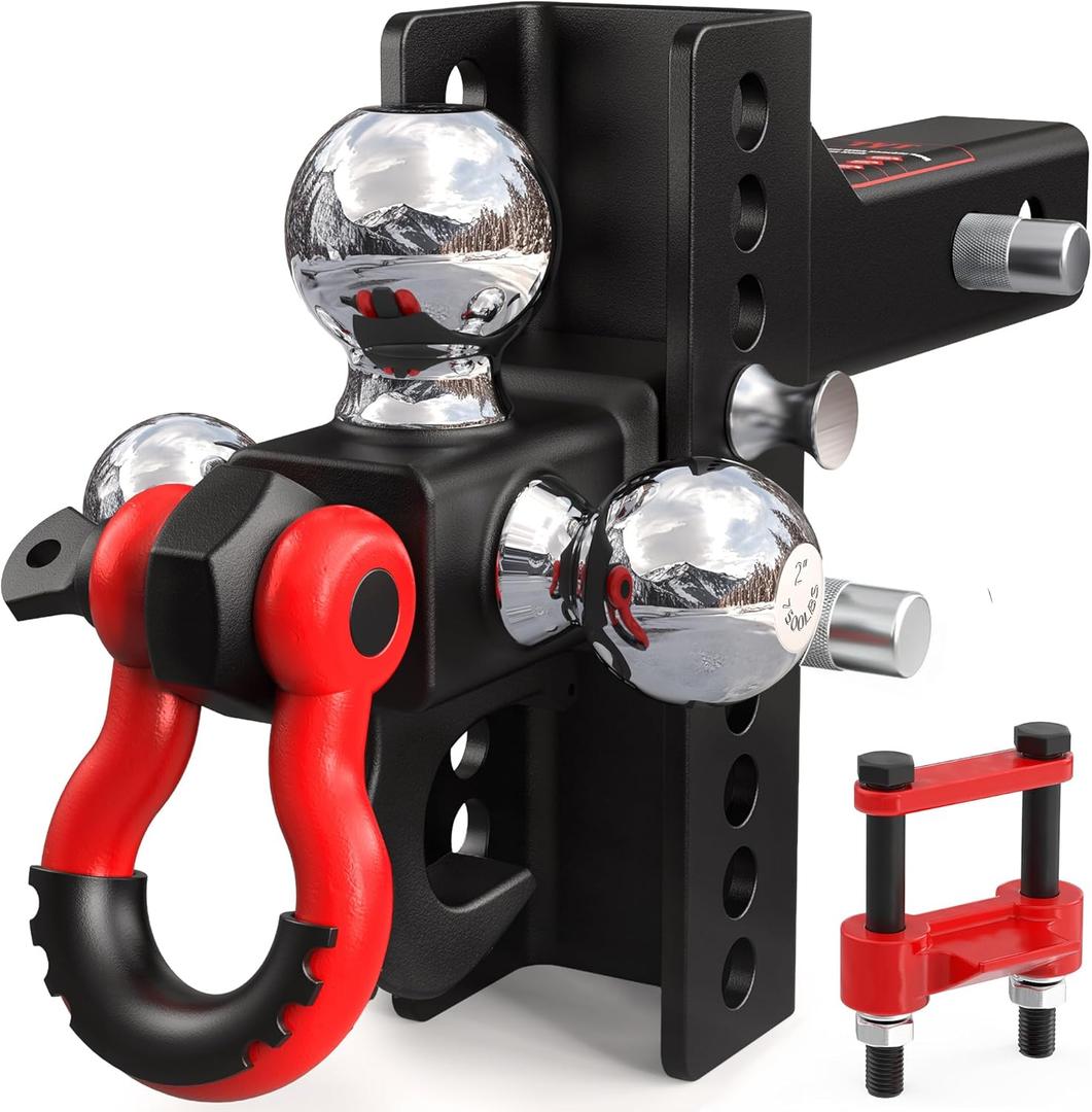 TYT Adjustable Tri-Ball Trailer Hitch for 2 inch Receiver, 4.5" Drop/Rise, Triple Balls (1-7/8", 2", 2-5/16") with Tow Hook & Shackle, 10,000 lbs GTW, 1,000 lbs TW, Pin Lock & Hitch Tightener
