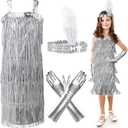 4 Pieces Girl's 20s Flapper Dresses Costume Set Feather Headband Fringed Dresses Gloves for Halloween Party