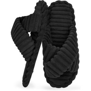 ZOORON Women's Cozy Slippers Crossbands & Memory Foam - Soft Plush Lined Non-Slip Indoor Outdoor Open Toe Shoes Trendy Gift (Black), One Size