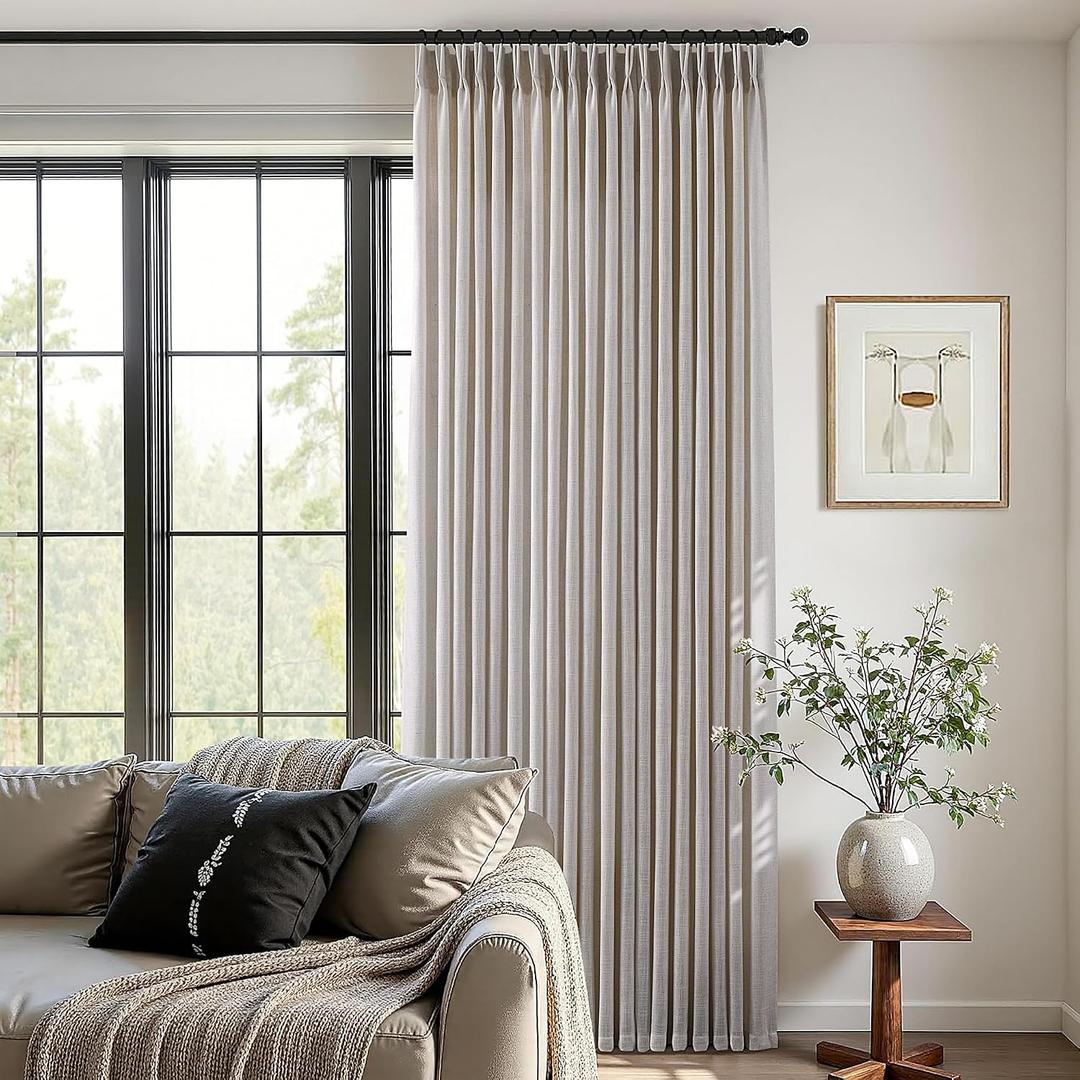 Pinch Pleated Linen Curtains 108 Inches Long 2 Panels for Living Room Bedroom Light Filtering Curtain Memory Shape Trained Pinch Pleat Thick Linen Drapes Back Tab with Hooks Clip Rings Taupe