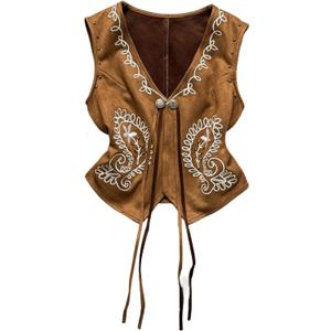 MakeMeChic Women's Faux Suede Tank Top Rivet Studded Paisley V Neck Embroidery Retro Cowgirl Vest Tops (Brown, XS)