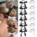 Auseibeely 12PCS Silky Satin Hair Bows Ties for Girls, Bowknot Ribbon Ponytail Holders, Cute Bow Hair Accessories for Bubble Braids, Black & White No Damage Hair Bands