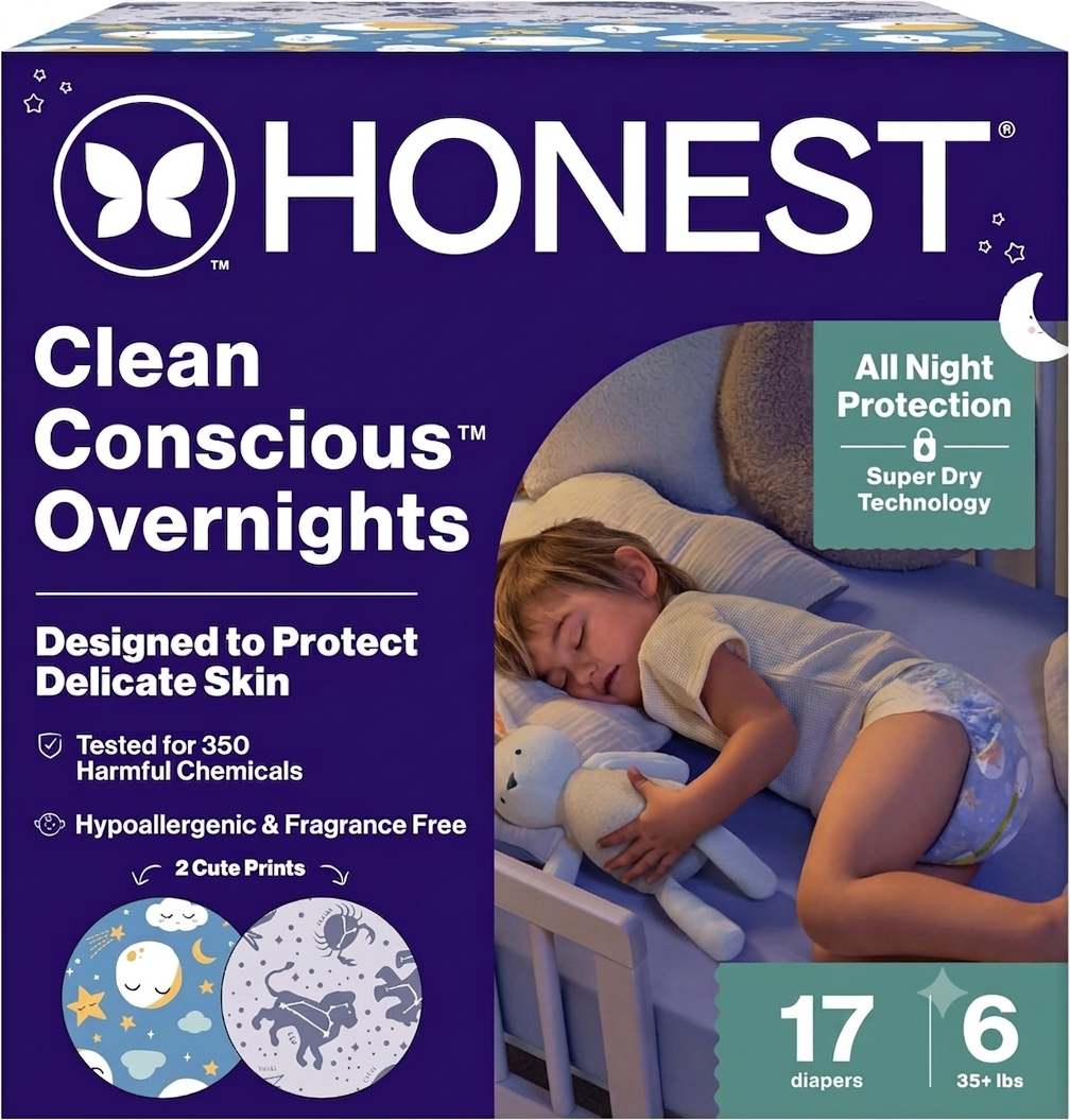 The Honest Company Comfort Dry Overnight Diapers, Up to 12 Hours Protection, Hypoallergenic, Fragrance-Free, Cozy Cloud + Star Signs, Club Box Size 6 (35+ lbs), 17 Count