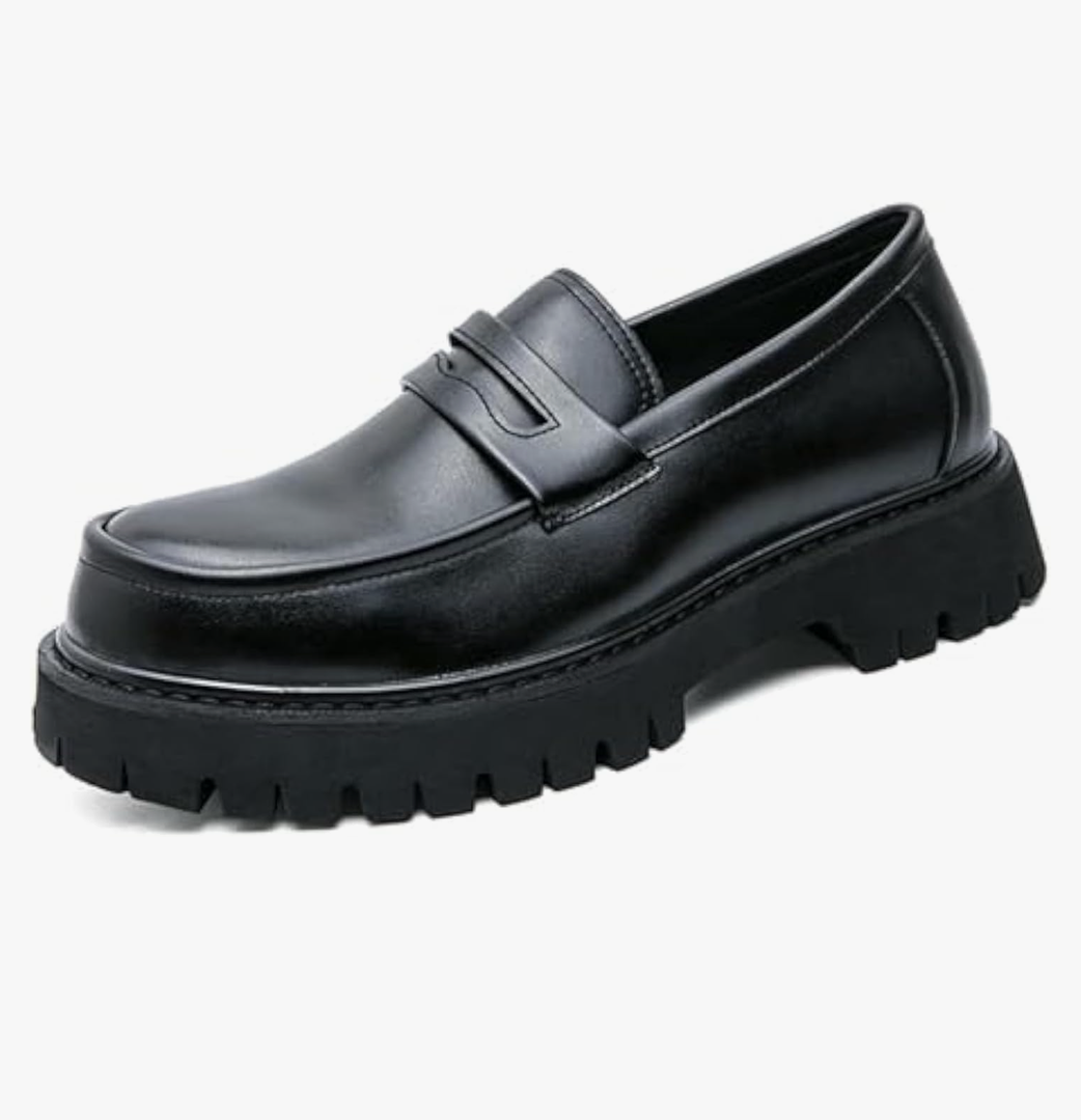 Men's Leather Platform Chunky Slip-On Penny Loafers Classic Round Toe Lug Sole Business Casual Formal Work Shoes Size 46 Black