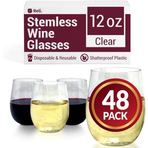 Reli. Disposable Glasses (48 Pack, 12oz) Plastic Stemless Glasses Disposable | Clear and Stemless for Parties, Cocktails, Whiskey, Weddings | Shatterproof