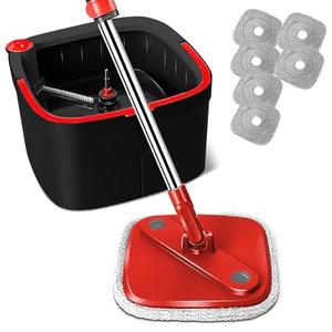 KZKR Spin Square Mop and Bucket Set with 6 Replaceable Microfiber Pads and Self Separation Dirty and Clean Water System, Self Wringing 360° Rotating Mops Head for Home Floors Cleaning