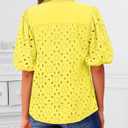 BETTE BOUTIK Women's Long Short Sleeve Tops 2025 Dressy Casual Button Hollow Out Lace Embroidered Blouses Shirts (Yellow)
