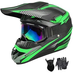 Motocross Helmet,Youth & Kids ATV Dirt Bike Motorcycle, BMX 4-Wheeler Off-Road Mountain Bike Helmet,DOT Certified,W/Gloves Goggles Mask 4-Piece Set (01 Green, Large)