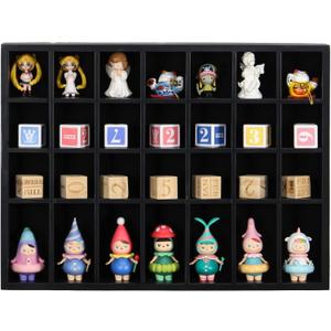 Black Shot Glass Display Case 18" x13" Solid Wood Wall Mounted Collection Cabinet 28 Slots Small Curio Cabinet Rack (No Door)