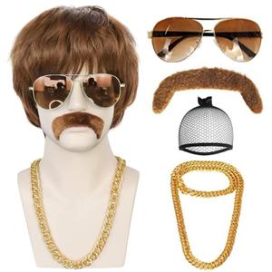 ANOGOL Hair Cap+5 Piece Set (1 Glasses+1 Chain+1 Mustache) Brown Mens Wigs 70s 80s Disco Short Wigs Disco Party Wig for Men Brown Synthetic Hair Rocker Costume Set for Halloween Party