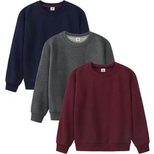3 Pack Boys Sweatshirts Fleece Cotton Boys Long Sleeve Shirts Crewneck Kids Sweatshirts Soft Pullover Tops for Kids, Large, Deep Grey, Navy Blue, Burgundy