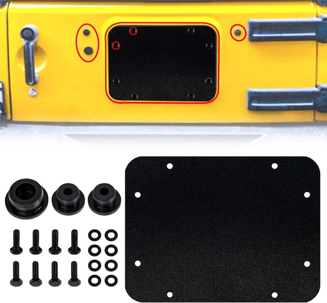 Buling Aluminum Wrangler Spare Tire Carrier Filler Plate Tailgate Plug Vent Plate Cover with Tailgate Durable Rubber Plugs Set and Factory Bolts Compatible with 2007-2018 Jeep Wrangler JK & JKU (Matte Black)