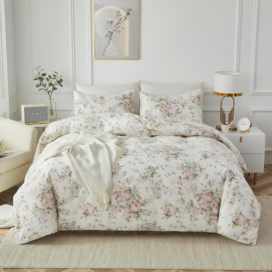 Duvet Cover Queen Size Pink Rose Floral Bedding Peony Flower Quilt Cover Set Farmhouse Bedding 100% Cotton Soft Comforter Cover Set with Zipper Closure & Corner Ties (Off-White, Queen)