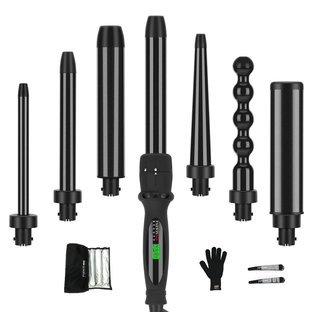 Curling Iron, PARWIN PRO BEAUTY 7 in 1 Curling Wand Set with 7 Interchangeable Barrels and Heat Protective Glove Auto Shut Off Dual Voltage (Standard No Clamp, Black)