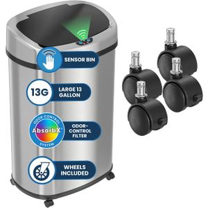 iTouchless 13 Gallon Sensor Trash Can on Wheels with Odor Filter, 50 Liter Automatic Kitchen Garbage Bin, Oval Fingerprint-Proof Stainless Steel, Hands-Free Motion Lid, Brushed Silver