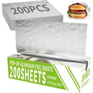 Aluminum Foil Sheets - 200 Count Pre Cut Tinfoil, 12" x 10.6" Inch Pre Cut Foil Sheets for Food, Hot Dog or Sandwich Wrap, Food Storage, Baking, Catering, Restaurant, Kitchen Use