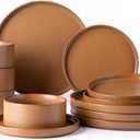 LERATIO Ceramic Dinnerware Sets for 4, High Edge Stoneware Plates and Bowls Set, Chip and Crack Resistant | Oven & Dishwasher & Microwave Safe Dishes Set, Service for 4 -Caramel