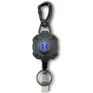EMS, EMT, Paramedic/Medic Heavy Duty Medical Badge Reel Star of Life. 360 Swivel Carabiner Clip. 32.5 Steel Cable/Rope with Key Ring & ID Strap. 8 oz Weight (Blue)
