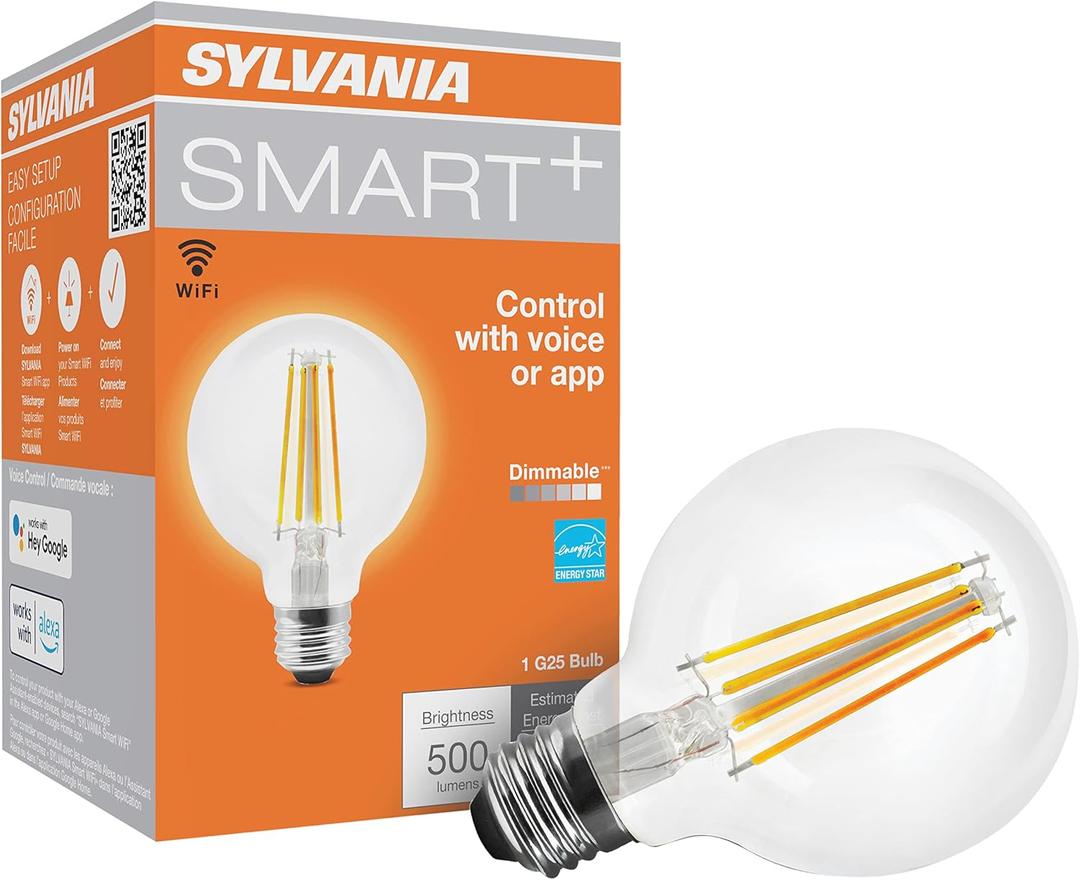 Sylvania WiFi LED Smart G25 Light Bulb, 5W Efficient with Filament, for Alexa/Google Assistant, Energy Star, Clear, 2700K, Soft White - 1 Pack (75798)