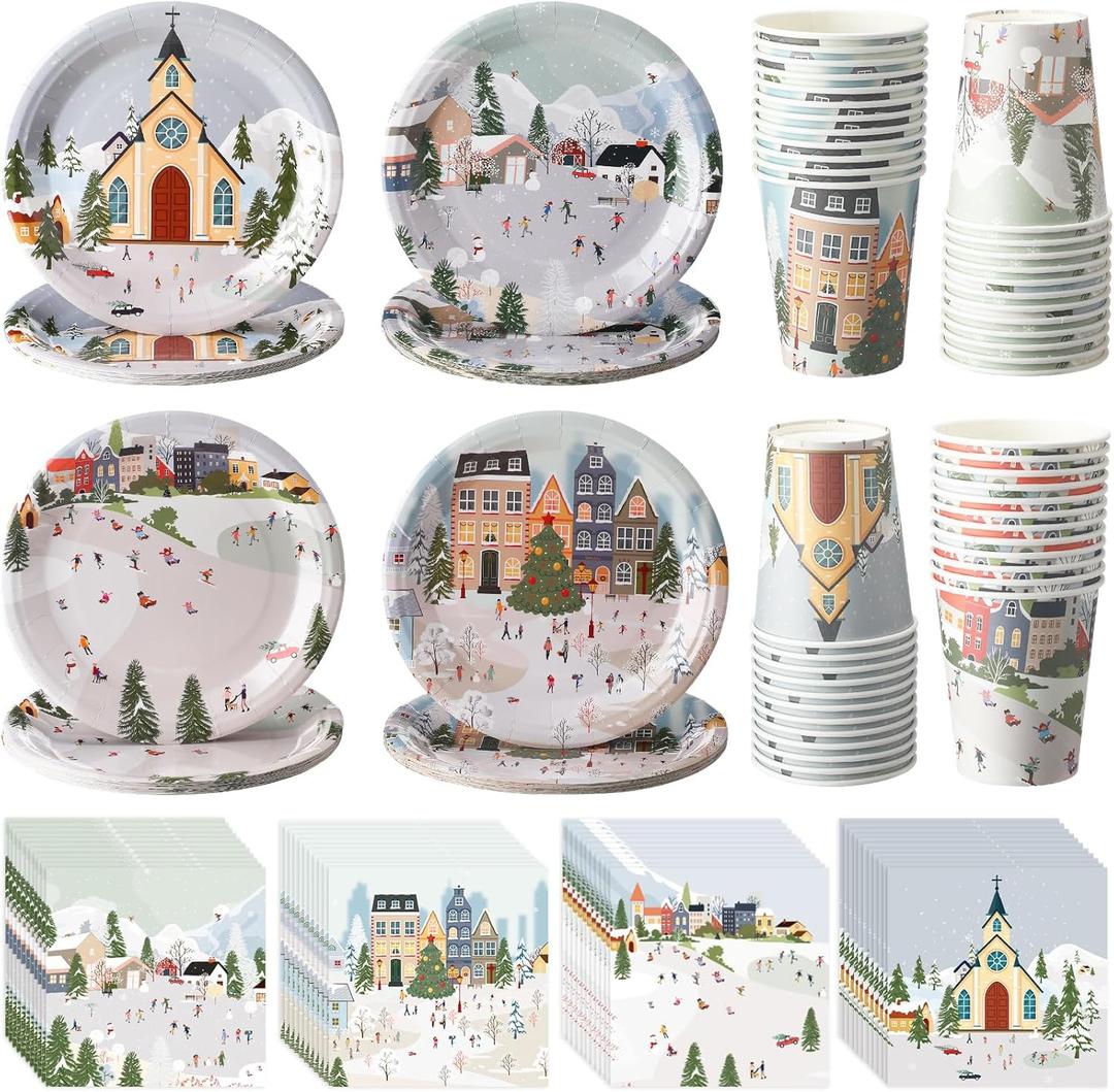 Yungyan 144 Pcs Winter Village Party Supplies Holiday Paper Dinner Plates Disposable Napkins and Paper Cups Tableware Set for Winter Holiday Christmas Party Decor Gift Serves 48
