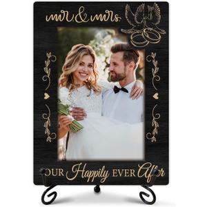 Mr & Mrs Wedding Picture Frame, Mr and Mrs Sign, Our Happily Ever After Photo Frame for 4x6 Photo, Engagement Picture Frames Gifts for Newlywed Couple, Wooden Wedding Frames with Stand for Table-A02, 8x5.7 inches