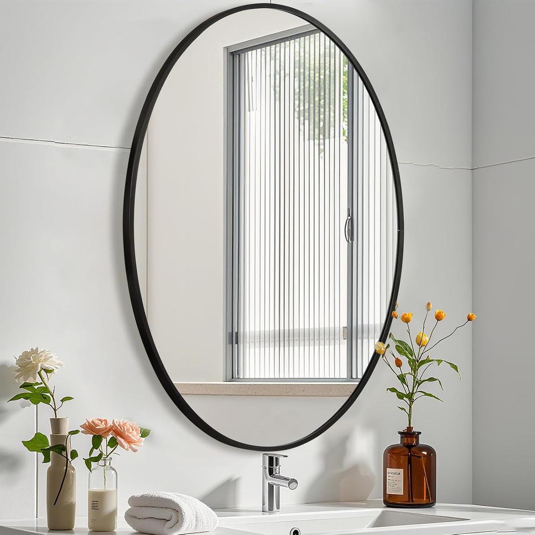 Black Oval Mirror for Bathroom, 24x32 Inch Oval Bathroom Mirror with Brushed Metal Frame, Wall Mounted Decorative Vanity Mirror for Bathroom, Living Room, Entryway