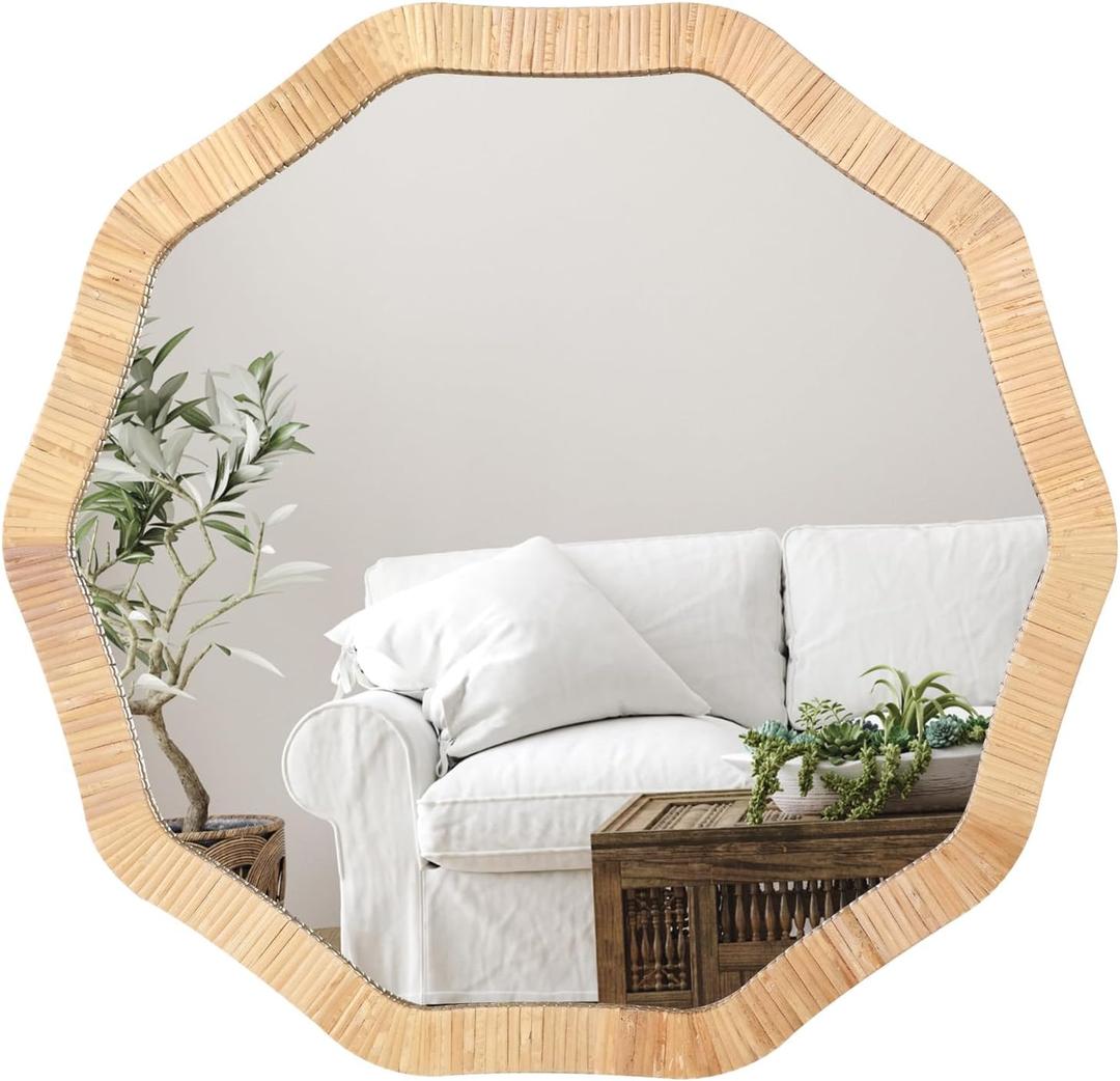 ULIKE Rattan Wicker Mirror for Bathroom, 30 Inch Boho Woven Decorative for Wall, Rustic Farmhouse Vanity Mirror, Large Geometric Rattan Mirrors for Living Room Entryway Bathroom Bedroom