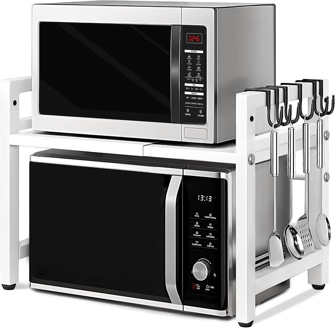 Microwave Oven Rack Expandable Countertop Heavy Duty Microwave Shelf 2-Tier Adjustable Metal Storage Shelf Rack for Kitchen (White)