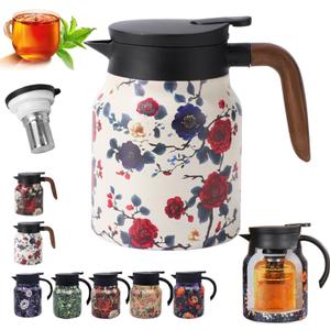 Insulated Tea Pots,Vintage Floral Pattern Tea Pot-Built-in Infuser,Colorful Vintage Floral Pattern Teas,Stainless Steel Teapot 1000mL with Lid for Hot Drinks,White (Wooden Handle,35OZ)