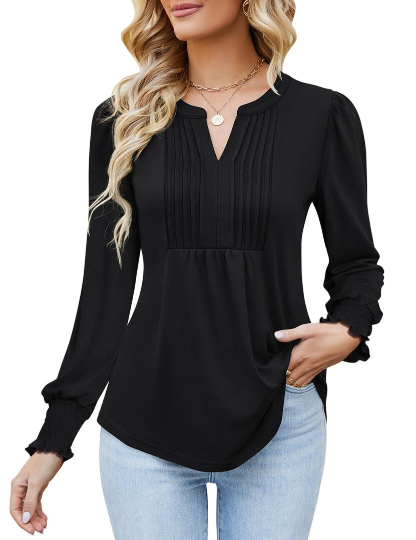 Ivicoer Long Puff Sleeve Tops for Women Trendy Black Work Blouses for Women Business Casual Tunic Tops Office V Neck T Shirts, S