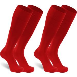 Dsource Unisex Soccer Socks, Knee High Solid Baseball Football Sports Team Socks (Large, Red-2 Pairs)