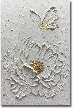 Boiee Art,24x35.5in Handmade White Textured Flower Framed Elegant Wall Art Abstract Floral Oil Paintings,Canvas Artwork for Dining Room Bedroom Office,Contemporary Wall Decor,Ready to Hang