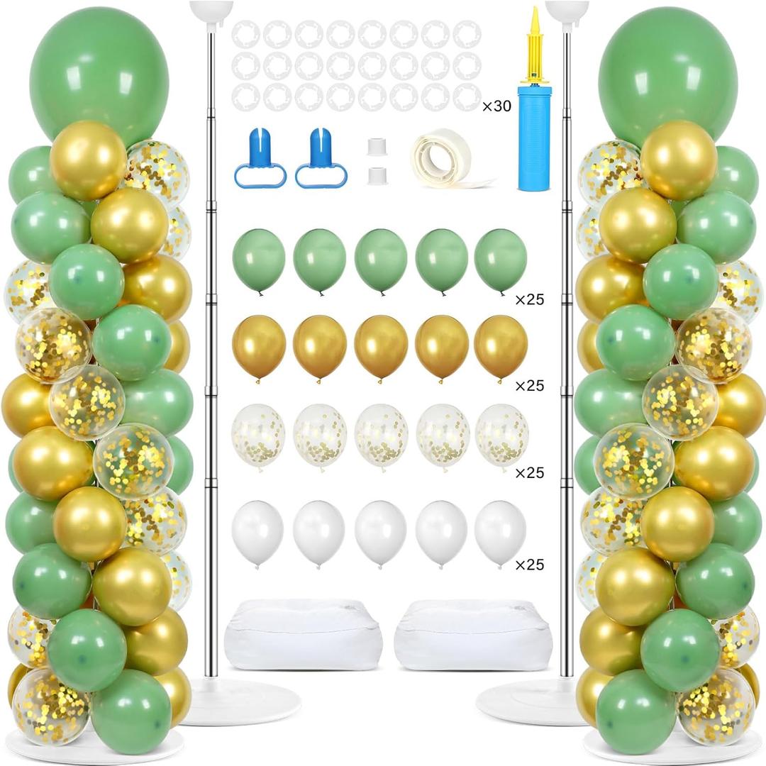 2 Sets Sage Green Balloon Column Stand Kit with 100 Balloons Spring Graduation Adjustable Balloon Tower Stand with Bases Olive Green Gold Column for Mother's Day Birthday Wedding Party Decor