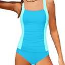 Girls Tankini Swimsuit Solid Color Blocking Two Piece Bathing Suit Ruched Design Holiday Girls' Swimwear for 9-16Y (13-14 Years, Light Blue)