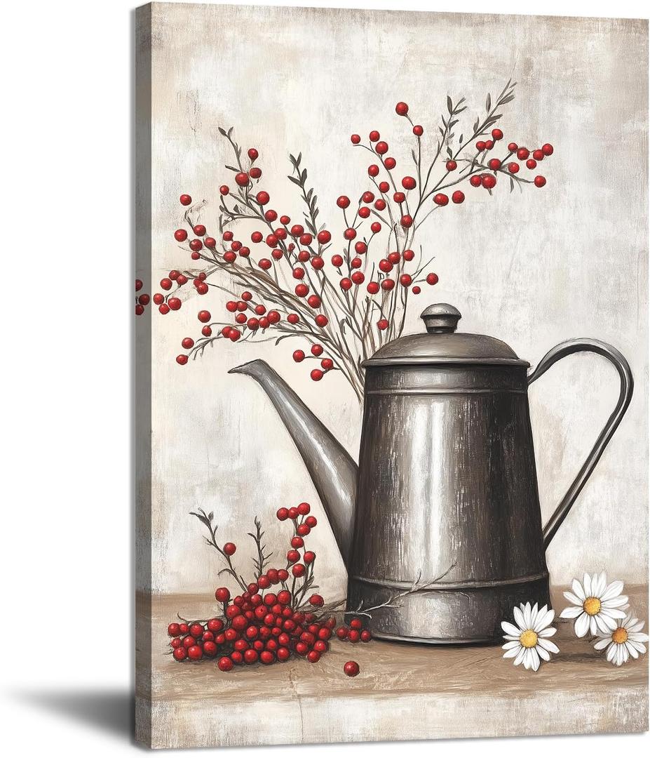 CCKOPPI Farmhouse Canvas Wall Art - Coffee Pot and Daisies with Red Berries Painting Poster Countryside Farmhouse Floral Picture Print for Dining Room Kitchen Decor(Artwork-03, 12"x18")