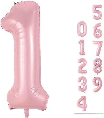 Pastel Pink 1 Balloons, 40 Inch Giant Light Pink Helium Foil Number 0-9 for Girls, Self Inflating 1st Birthday Balloon for Women Anniversary Baby Shower Princess Party Decorations Supplies