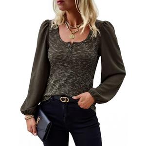 HEYTALALA Womens Puff Long Sleeve Tunic Tops Button Down Square Neck Blouse Loose Fit Basic T Shirt Elegant Tee Shirts Coffee L