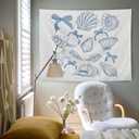 AQYIP Coquette Blue Bow Seashell Ocean Beach Tapestry Wall Hanging, Preppy Beach Tapestry Decorative, Blue Coastal Wall Blanket Decor for Girls Room Dorm Apartment Bedroom, 50x60 Inch