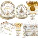 MEHOFOND Christmas Party Supplies193PCS, Gold Christmas Tree Disposable Dinnerware Paper Plates, Napkins, Cups, Cutlery,Tablecloth for Xmas Holiday Party Decor, Serve 24 Guestst