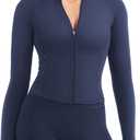 YEOREO CoreFlex Women Full Zip Workout Jacket with Pockets Thumb Hole Long Sleeve Athletic Cropped Jackets Gym Yoga Top Navy Blue-XS